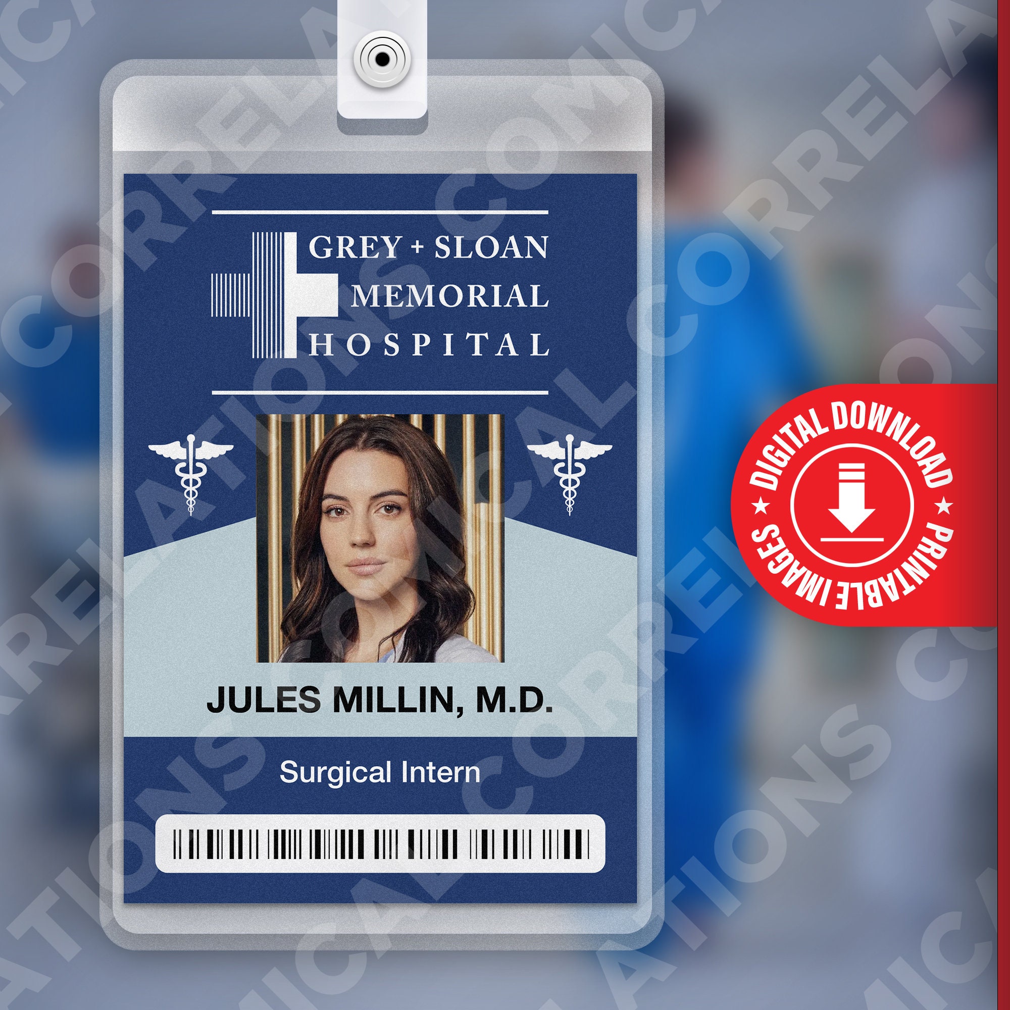 Grey's Anatomy JULES MILLIN, Grey + Sloan Memorial Hospital ID Badge Card Cosplay Costume Name Tag