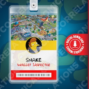 Los Simpsons - Snake, inspector de carteras, de Springfield, tarjeta de identificación, insignia, disfraz de Halloween, etiqueta con nombre, accesorio