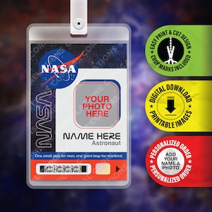 Badge NASA IMPRIMABLE PERSONNALISABLE, espace, carte d'identité, porte-nom, costume, cosplay, Halloween, cadeau drôle, réplique, téléchargement d'image numérique