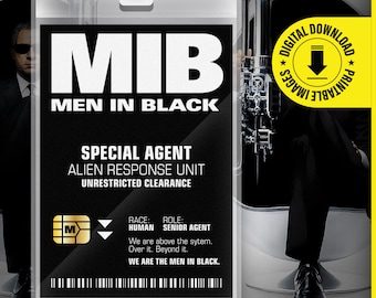 MIB Special Agent Men In Black ID Badge Card Halloween Cosplay Costume Name Tag - Printable PDF file - Card size 2.375 in x 3.375 in