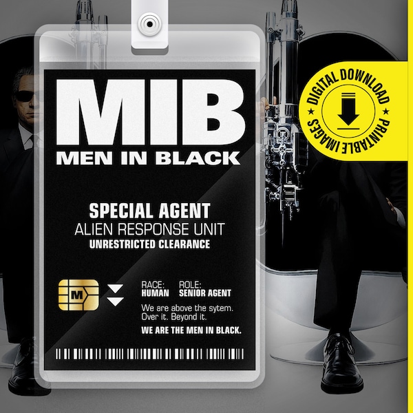 MIB Special Agent Men In Black ID Badge Card Halloween Cosplay Costume Name Tag - Printable PDF file - Card size 2.375 in x 3.375 in