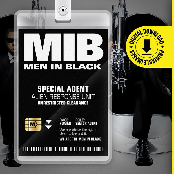 MIB Special Agent Men In Black ID Badge Card Halloween Cosplay Kostüm Namensschild - druckbare PDF-Datei - Kartengröße 6mm x 10mm