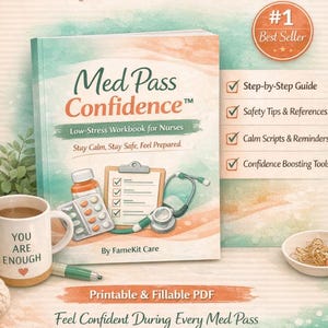 Könnte beinhalten: Ein digitales Arbeitsbuch für Krankenschwestern mit dem Titel "Med Pass Confidence" und einer Tasse mit der Aufschrift "You are Enough". Das Buch enthält eine Schritt-für-Schritt-Anleitung, Sicherheitstipps und Werkzeuge zur Stärkung des Selbstvertrauens.