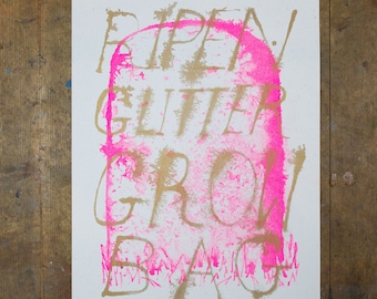 A3 Two Colour Risograph Print of a Grave Stone in Pink & Gold. For All Your Queer Deathwork Needs.
