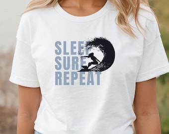 Sleep Surf Repeat T-Shirt, Women's Surfing Tee, Surf Shirt, Gift for Surfer, Surfer T-shirt for Women, Summer Surf Tee, Women's Beach Shirt