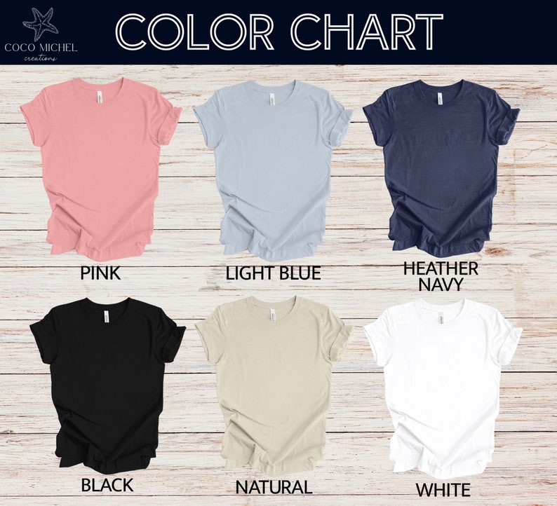 K&ouml;nnte beinhalten: Farbkarte mit sechs verschiedenen T-Shirt-Farben: Pink, Hellblau, Heather Navy, Schwarz, Natur und Wei&szlig;.