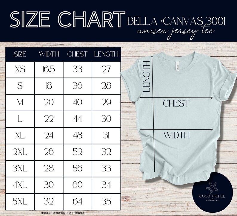 Pode incluir: Tabela de tamanhos para a camiseta unisex de jersey Bella + Canvas 3001. A tabela mostra as medidas em polegadas para a largura, o peito e o comprimento para os tamanhos XS a 5XL.