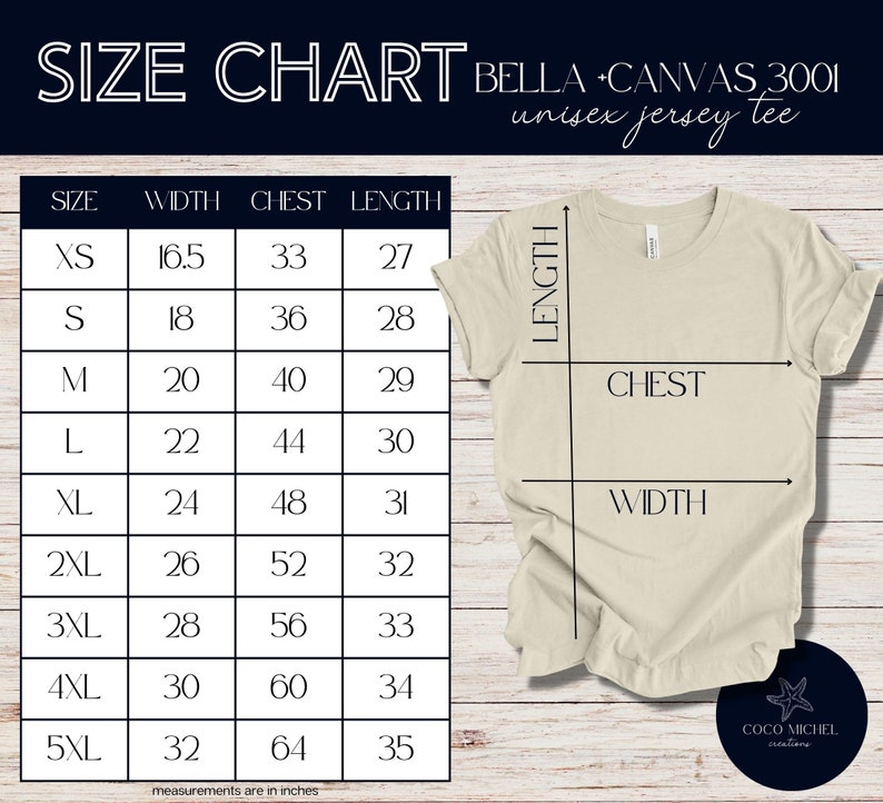 May include: Size chart for a Bella + Canvas 3001 unisex jersey tee. The chart shows measurements in inches for width, chest, and length for sizes XS to 5XL.