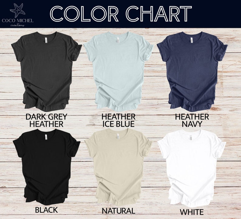 Pode incluir: Carta de cores mostrando seis cores diferentes de camiseta: cinza escuro mesclado, azul gelo mesclado, azul marinho mesclado, preto, natural e branco.