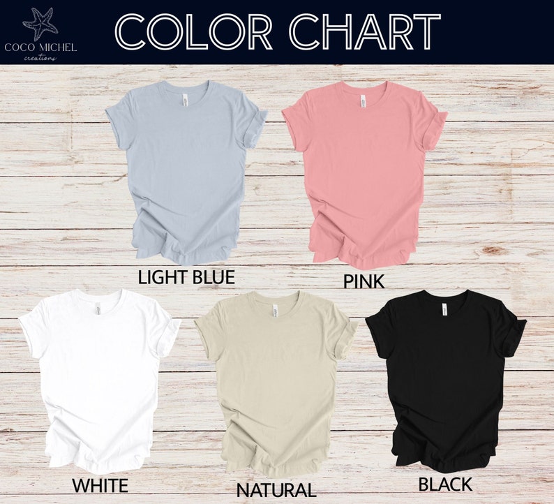 May include: Colour chart showing five different t-shirt colours: light blue, pink, white, natural, and black.