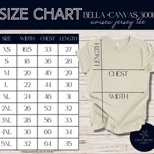 K&ouml;nnte beinhalten: Gr&ouml;&szlig;entabelle f&uuml;r ein Unisex-Jersey-Shirt von Bella + Canvas 3001. Die Tabelle zeigt die Ma&szlig;e in Zoll f&uuml;r Breite, Brustumfang und L&auml;nge f&uuml;r die Gr&ouml;&szlig;en XS bis 5XL.