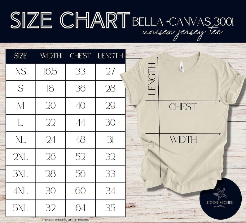 K&ouml;nnte beinhalten: Gr&ouml;&szlig;entabelle f&uuml;r ein Unisex-Jersey-Shirt von Bella + Canvas 3001. Die Tabelle zeigt die Ma&szlig;e in Zoll f&uuml;r Breite, Brustumfang und L&auml;nge f&uuml;r die Gr&ouml;&szlig;en XS bis 5XL.