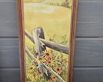 Vintage Wooden Wall Plaque with Rustic Farm Scene and Wildflowers
