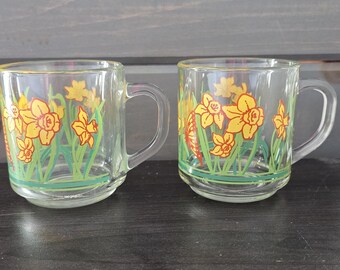 Vintage Carlton Glass Mug Set - Daffodil Floral Design - Made in USA (Set of 2)