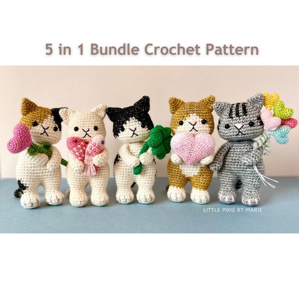 Cat Crochet Pattern - 5 in 1 Bundle "I LOVE U" - Instant Download (Cream, Tabby, Calico, Tuxedo)