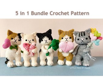 Lot 5 en 1 Petit chaton « I LOVE U » motif au crochet