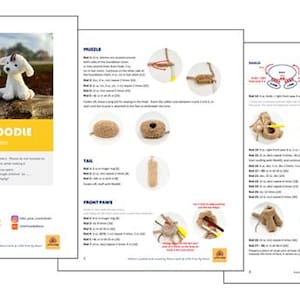 May include: A crochet pattern for making a poodle amigurumi toy. The pattern includes instructions for making the muzzle, tail, front paws, and body. The pattern is titled "Pixie the Poodle Crochet Pattern".