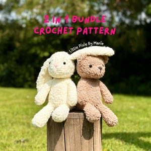 May include: Two handmade crochet stuffed animals, a bunny and a bear, sit on a wooden post. The bunny is cream-colored, and the bear is light brown. The image includes text that reads "2 in 1 Bundle Crochet Pattern" and "Little Pixie By Marie."