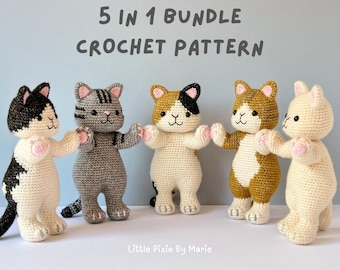 5 in 1 "Paws Up" Cat Crochet Pattern Bundle - Amigurumi Kittens PDF (Cream, Tabby, Calico, Tuxedo) - Instant Download