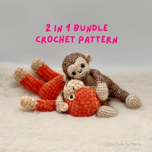May include: Two crocheted monkey plushies, one orange and one brown, are displayed on a white surface. The orange monkey is lying down, while the brown monkey is perched on top. The text "2 IN 1 BUNDLE CROCHET PATTERN" is displayed in pink.