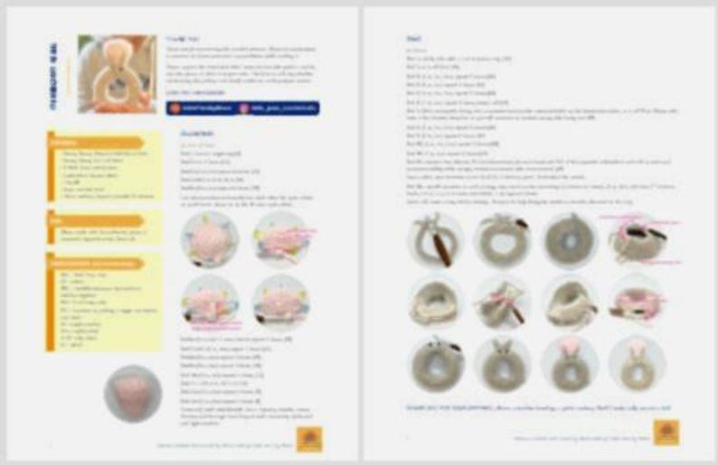 May include: A crochet pattern for making a bunny-shaped ring. The pattern includes instructions for making the ring, ears, and nose. The pattern is written in English and includes photos of the finished product.