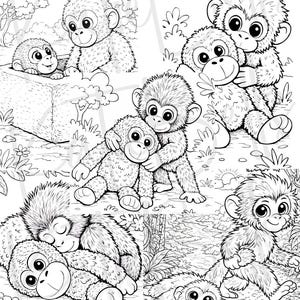 May include: A black and white illustration featuring multiple cartoon monkeys in different poses. Some are embracing, others are seated, and one is emerging from a box. The image has a playful and whimsical style, ideal for colouring pages or children's room decor.