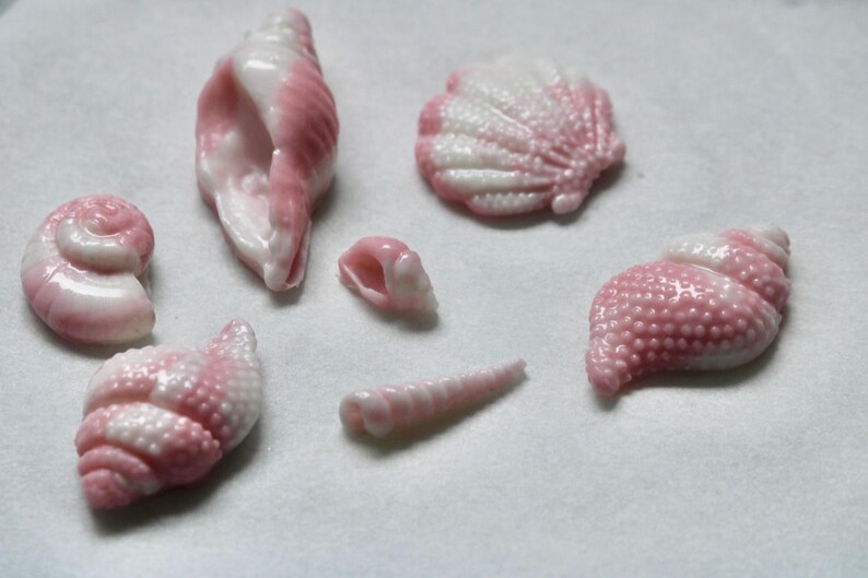 May include: Seven pink and white seashells of various shapes and sizes. The seashells are made of a smooth, glossy material and have a delicate, feminine appearance.