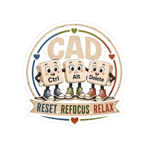Op de afbeelding: Een ronde sticker met drie antropomorfe computertoetsen met het label Ctrl, Alt en Delete, die sneakers dragen en samenstaan. Boven hen staat de tekst CAD en eronder een banner met de tekst RESET. REFOCUS. RELAX.