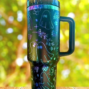 Spooky Engraved Tumbler with Ghosts and Flowers  Rainbow Engraved Stainless Steel Insulated Cup with Lid  + Straw Halloween 40oz Tumbler