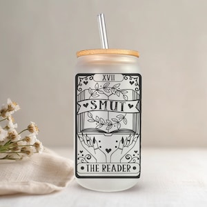 Smutty Book Glass Cup with Straw and Lid - Booktok Gifts | 16oz Frosted Glass Cup with Choice of Smut Reader Themed Tarot | Bookish Merch