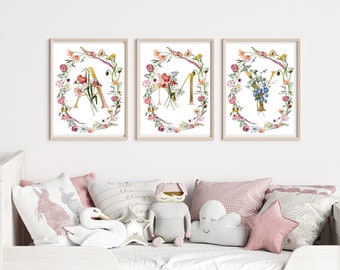 Floral Alphabet Print | Nursery Room | Kid Room | Baby Shower | Illustration | Flower ABC Digital Download | Monogram Art Print | Cottage