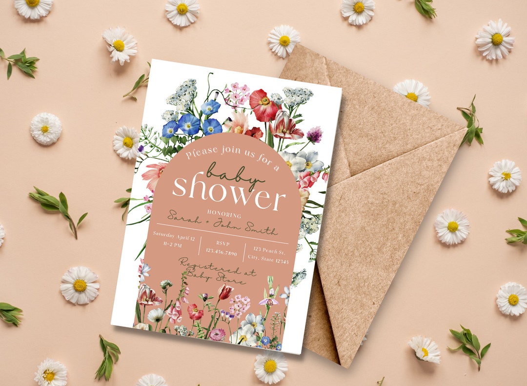 Wildflower Editable Baby Shower Invitation Template | Floral Flower ...