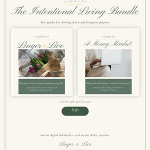 May include: A digital bundle titled The Intentional Living Bundle featuring two guides: A Guide to Linger & Live with purple tulips in a paper bag, and A Guide to A Money Mindset with a person using a laptop. The set includes a small gift.