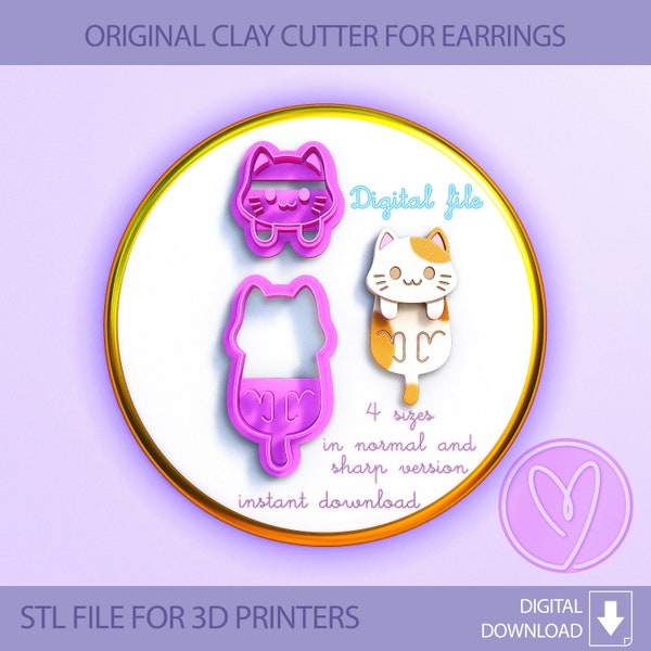 Hanging Cat B Polymer Clay Cutters, Digital STL file, 4 sizes, 2 Cutter Version