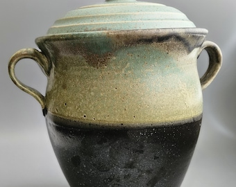 Jarrón de cerámica hecho a mano / Jarrón con tapa y asas (cobre envejecido sobre negro - ANLVwH *** (ver nota en la descripción))