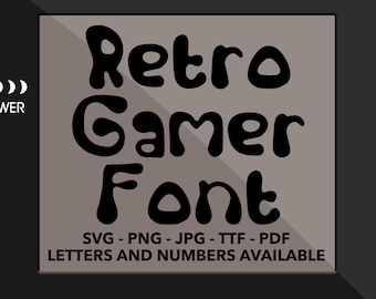 May include: Retro Gamer Font in black text on a gray background. The text is in a playful, rounded font style. The text says "Retro Gamer Font" and "SVG - PNG - JPG - TTF - PDF" and "LETTERS AND NUMBERS AVAILABLE".