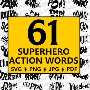 Superhero Action Words SVG Bundle, Comic Book Words svg, png, jpg, pdf Superhero Phrases, Comic Book Sayings, BAM, POW, Superhero Actions