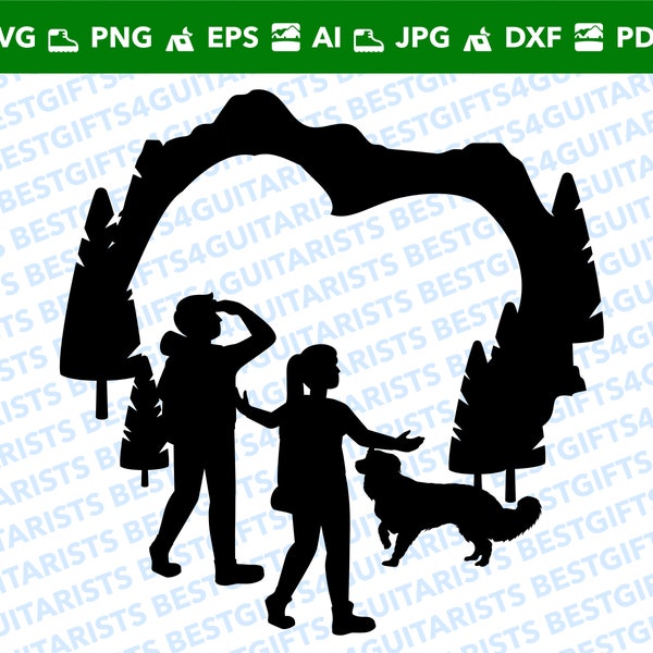 Hiking Couple With Dog SVG, Hiker Couple Cut File, Couple Hiking With Dog PNG svg, eps, png, jpg, dxf, pdf, ai Hiking Scene, Hike Silhouette