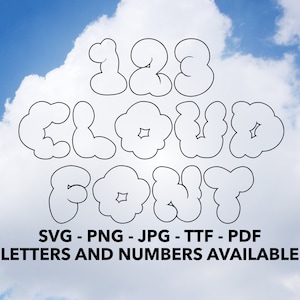 May include: A cloud-shaped font design with the words "123 CLOUD FONT" in black outline. The text is against a blue sky with white clouds. The text also includes "SVG - PNG - JPG - TTF - PDF LETTERS AND NUMBERS AVAILABLE".