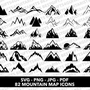 May include: A set of 82 black and white mountain range icons. The icons are in various styles and shapes, including simple outlines, detailed illustrations, and abstract designs. The icons are perfect for use in maps, websites, and other design projects.