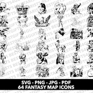 May include: A set of 64 black and white fantasy map icons. The icons depict various creatures, objects, and symbols, including a skull and crossbones, a crown, a griffin, a dragon, a wizard, a knight, a castle, a tree, a mountain, and a river.