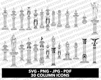 Puede incluir: Un conjunto de 30 iconos de columnas en blanco y negro. Los iconos son de varios estilos, incluyendo clásico, ornamentado y moderno. Son perfectos para usar en diseño web, diseño gráfico y otros proyectos creativos.