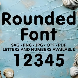 May include: A blue and white textured background with the text "Rounded Font" in black, rounded letters. Below the text is "SVG - PNG - JPG - OTF - PDF LETTERS AND NUMBERS AVAILABLE" in black. Below that is the number "12345" in black, rounded letters.