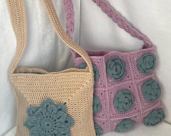 Handmade Granny Square Crochet Shoulder Bag: Recycled Yarn Rose Bag