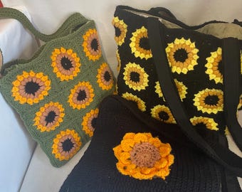 Handmade Crochet Sunflower Bag: Granny Square Crossbody or Tote