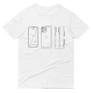 Pode incluir: Um desenho de linha preto e branco de um iPhone com medidas em polegadas e milímetros. O desenho mostra as vistas frontal, traseira e lateral do telefone.