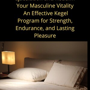 Könnte beinhalten: Ein Schlafzimmer mit einem Bett mit weißer Bettwäsche und Kissen. Eine beleuchtete Lampe mit quadratischem Lampenschirm steht auf einem Nachttisch. Gelber Text: Kontrollieren Sie vorzeitige Ejakulation und gewinnen Sie Ihre männliche Vitalität zurück.