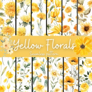 Yellow Floral Digital Paper - Watercolor Flower Seamless Patterns - 12 Designs - 300DPI - Instant Download - Commercial Use