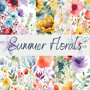Summer Flowers Digital Paper - Watercolor Seamless Patterns - 10 Designs - 12x12in - Commercial Use - Instant Download