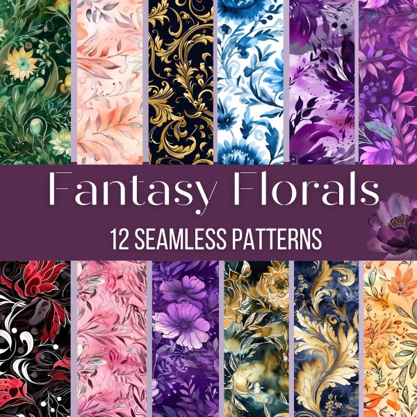 Fantasy Florals Digital Papers - Water Color Seamless Patterns - 12 Designs - 300DPI - 2048 x 2048px - Instant Download - Commercial Use